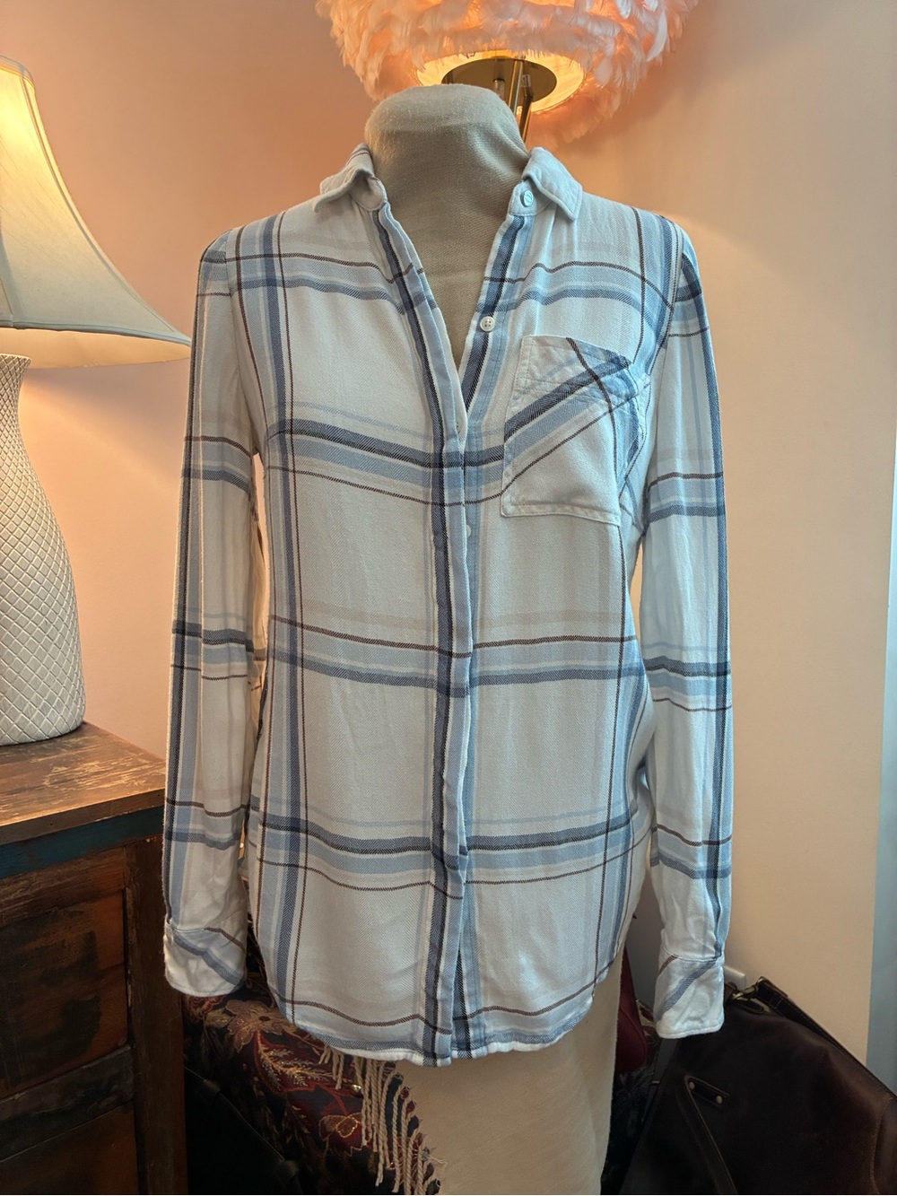 WHBM Cream and Blue Plaid Soft Lightweight Button-Down